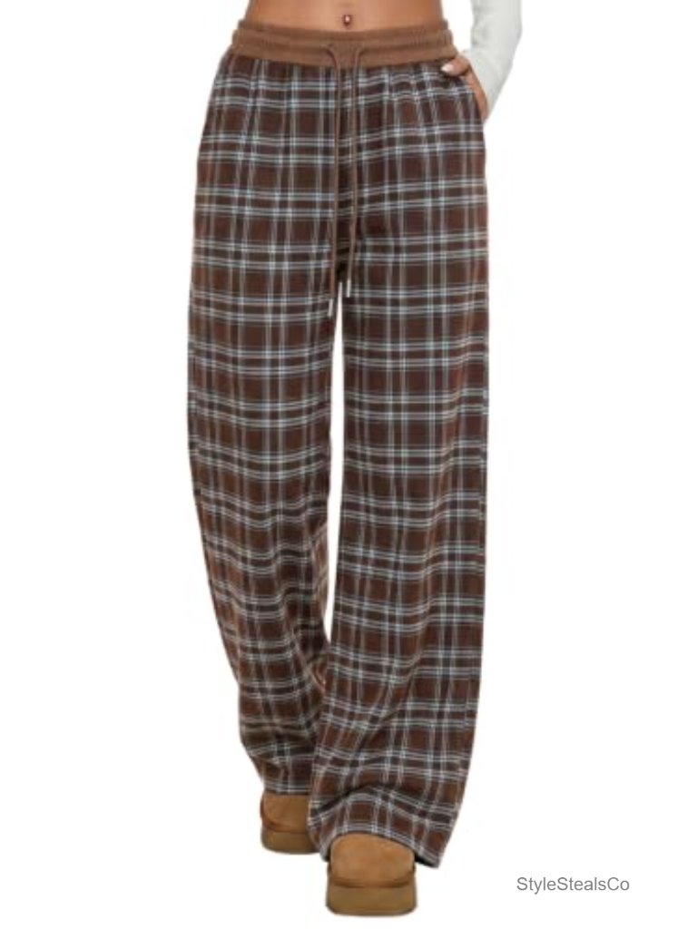 Wide Leg Plaid Sweatpants With Pockets High Waisted Lounge Pants